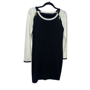 Ivanka Trump Knit Sweater Dress Black And White Long Sleeve Small Gold Zippers